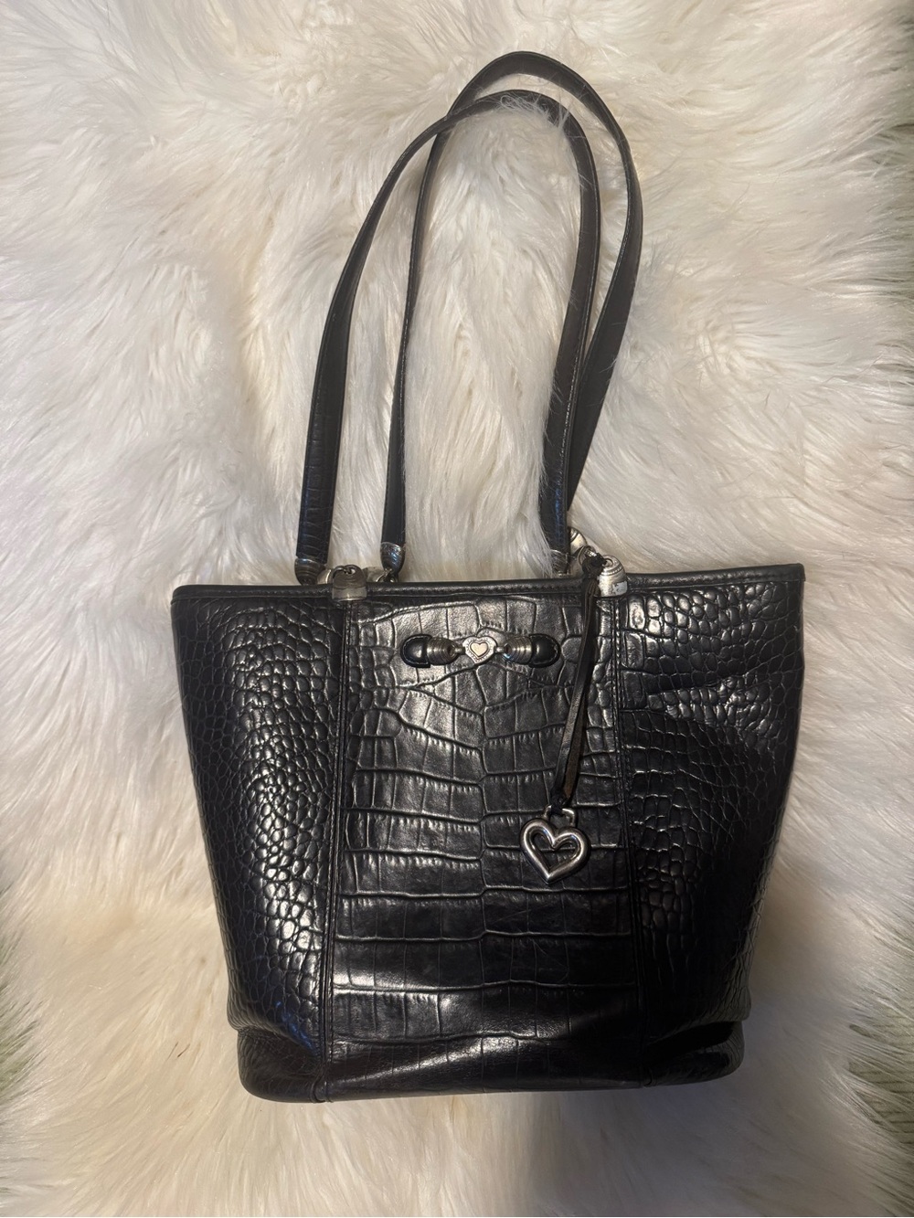 Brighton Black Croc-Embossed Leather Tote with Heart Charm